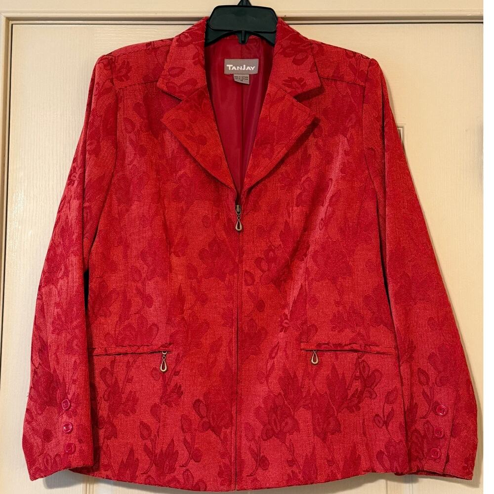 Vintage Tanjay Red Brocade-Style Jacket, Size 14